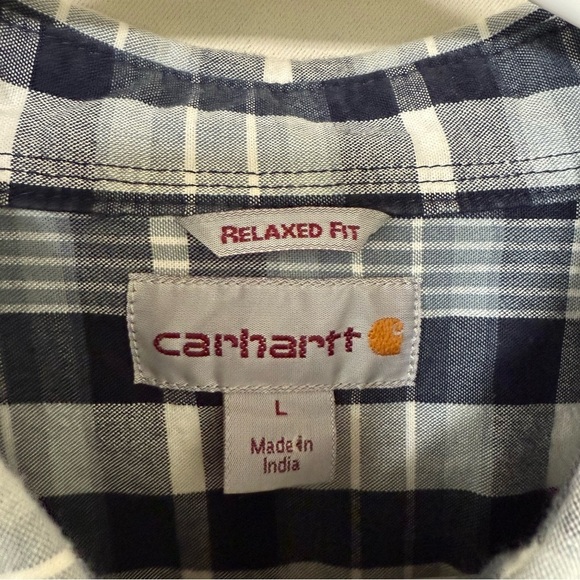 Carhartt Men's Large Relaxed Fit Blue White Plaid Short Sleeve Button Down Shirt - Picture 4 of 7